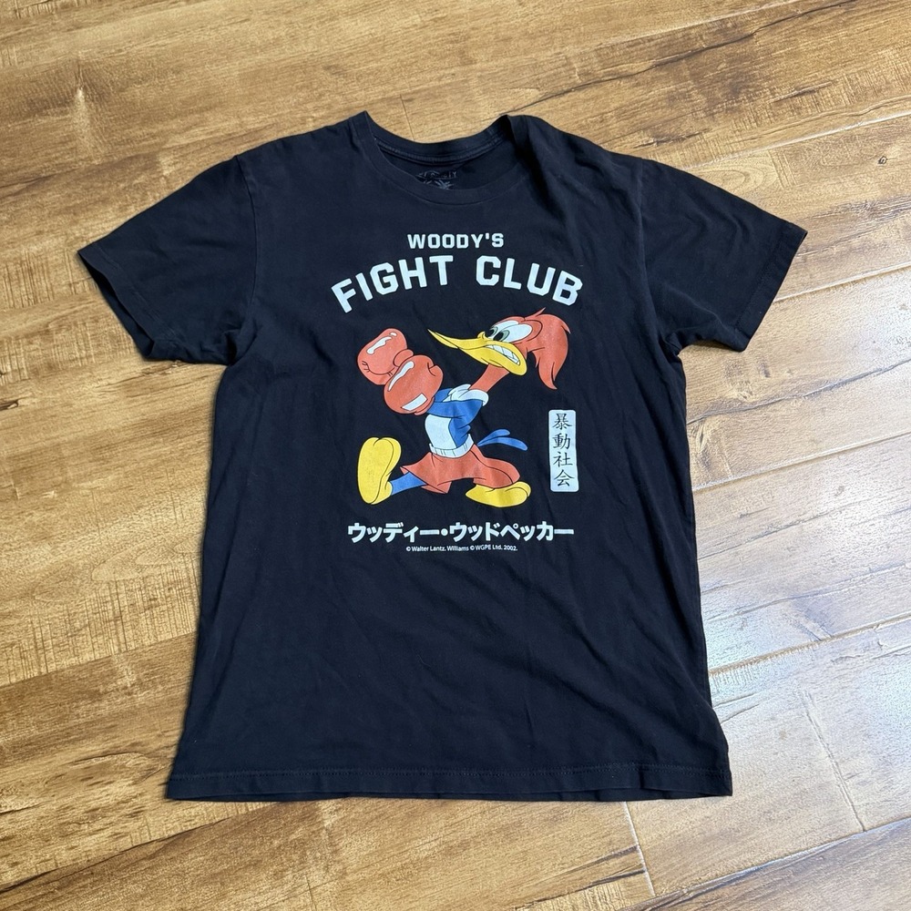 2002 Vintage WOODY'S FIGHT CLUB Riot Society T-Shirt Graphic Tee Size Medium Blk